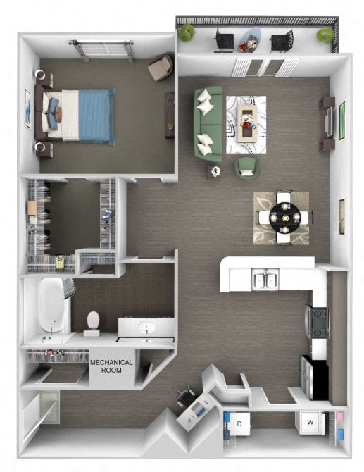 Floor plan for 1 bed, 1 bath, 838 sqft