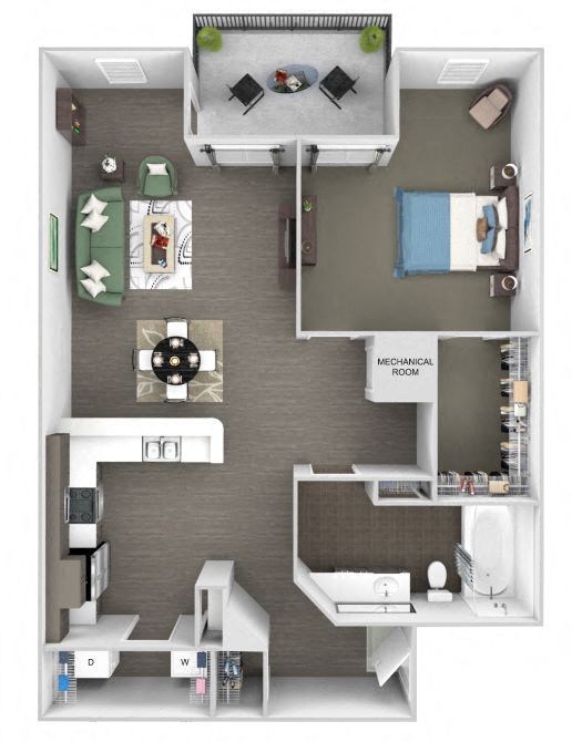 Floor plan for 1 bed, 1 bath, 839 sqft