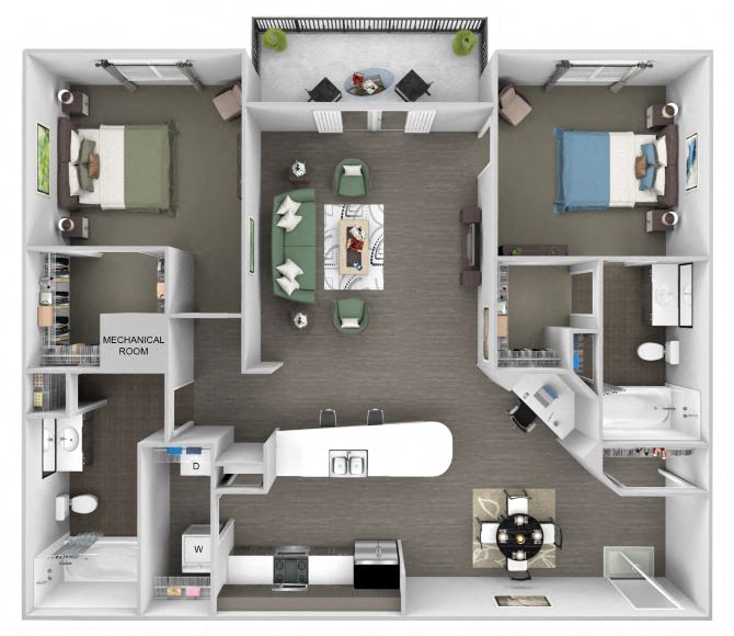 Floor plan for 2 beds, 2 baths, 1071 sqft