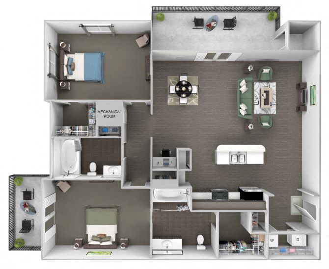 Floor plan for 2 beds, 2 baths, 1166 sqft