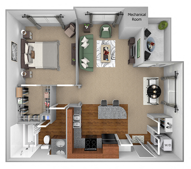 Floor plan for 1 bed, 1 bath, 790 sqft