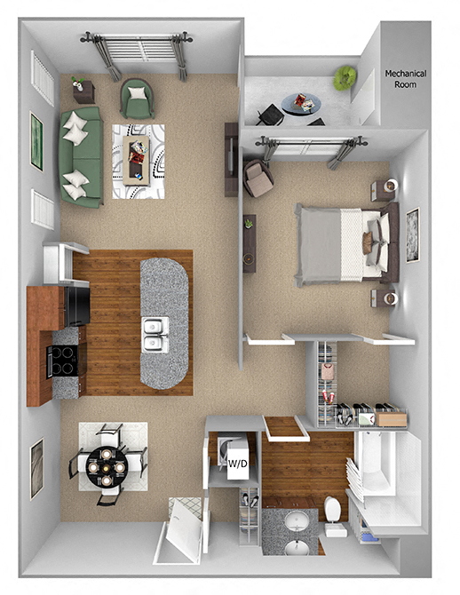 Floor plan for 1 bed, 1 bath, 824 sqft