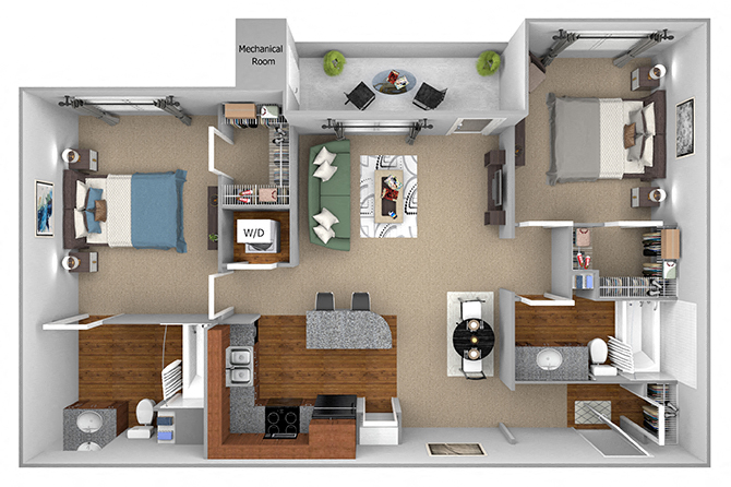 Floor plan for 2 beds, 2 baths, 1033 sqft