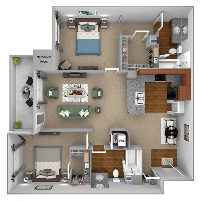 Floor plan for 2 beds, 2 baths, 1142 sqft