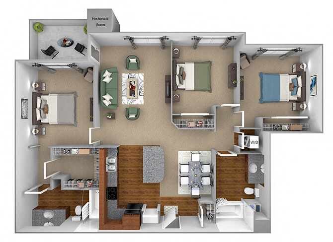 Floor plan for 3 beds, 2 baths, 1335 sqft