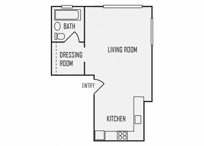 Floor plan for studio, 1 bath, 375 sqft
