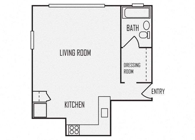 Floor plan for studio, 1 bath, 385 sqft