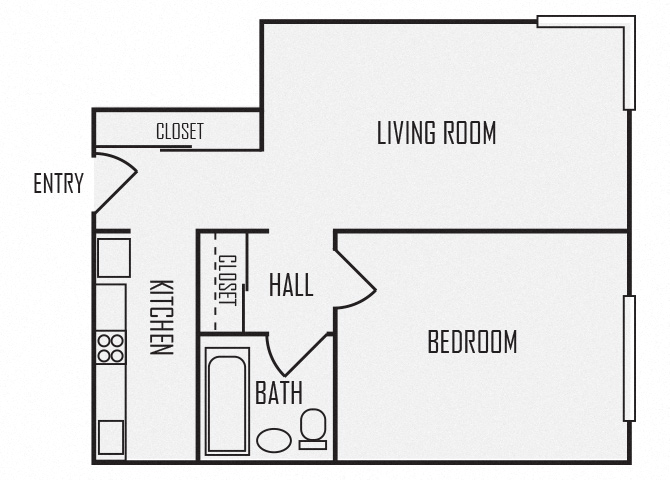 Floor plan for 1 bed, 1 bath, 490 sqft