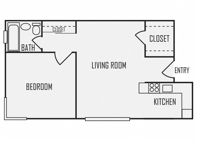 Floor plan for 1 bed, 1 bath, 490 sqft