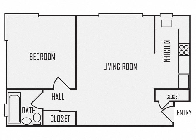 Floor plan for 1 bed, 1 bath, 490 sqft