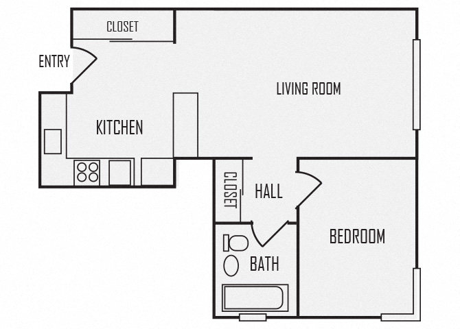 Floor plan for 1 bed, 1 bath, 524 sqft