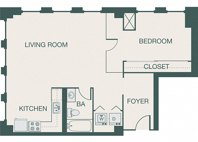 Floor plan for 1 bed, 1 bath, 750 sqft