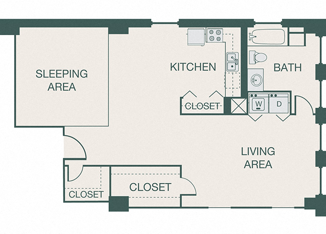 Floor plan for 1 bed, 1 bath, 841 sqft