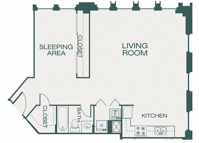 Floor plan for 1 bed, 1 bath, 882 sqft