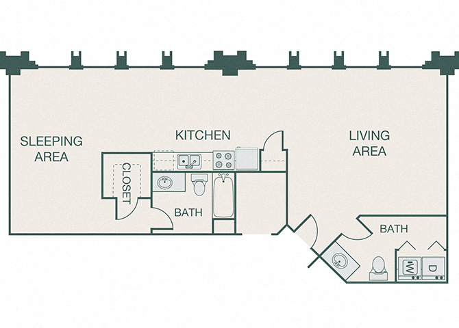 Floor plan for 1 bed, 1 bath, 954 sqft