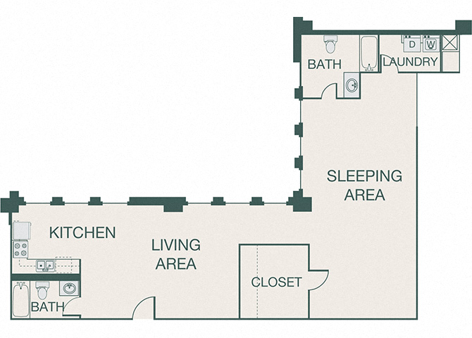 Floor plan for 1 bed, 2 baths, 1229 sqft