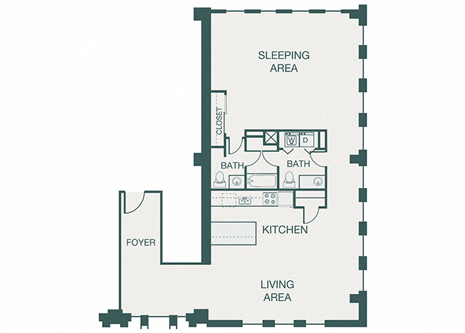 Floor plan for 1 bed, 1.5 baths, 1445 sqft