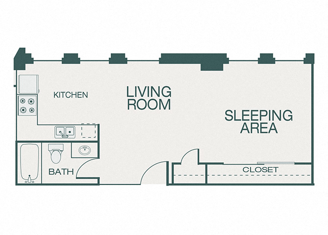 Floor plan for studio, 1 bath, 518 sqft