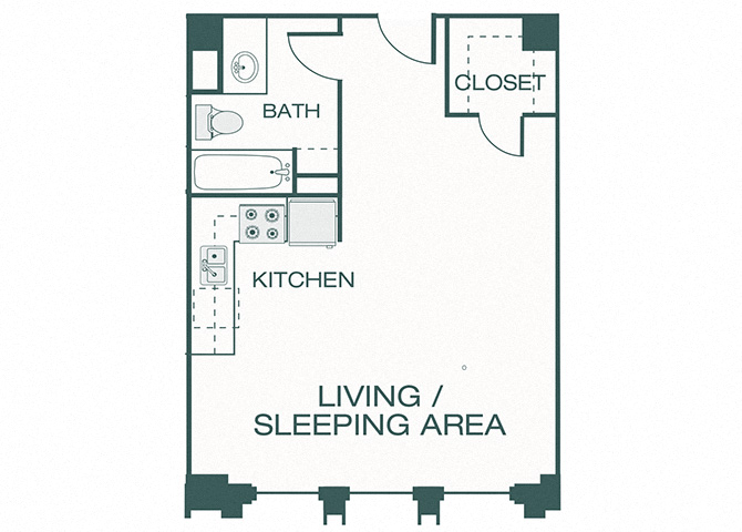 Floor plan for studio, 1 bath, 502 sqft
