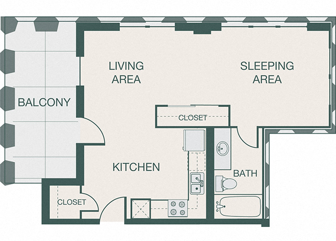 Floor plan for studio, 1 bath, 550 sqft