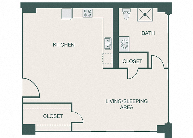 Floor plan for studio, 1 bath, 576 sqft