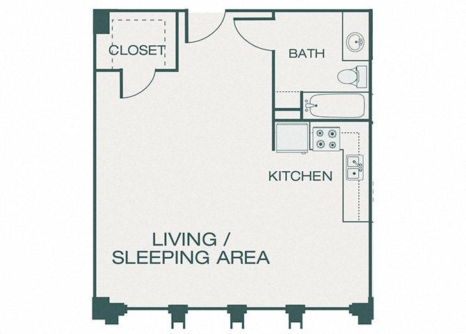 Floor plan for studio, 1 bath, 583 sqft