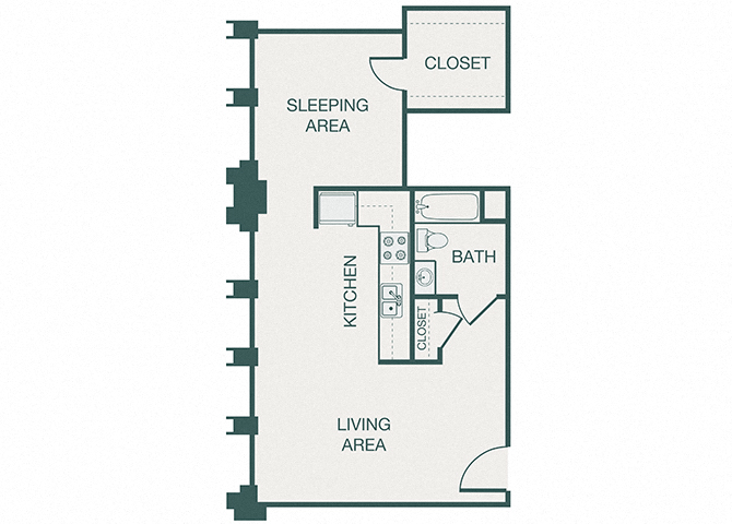 Floor plan for 1 bed, 1 bath, 617 sqft