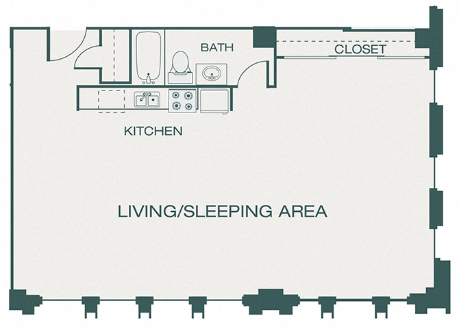 Floor plan for 1 bed, 1 bath, 617 sqft