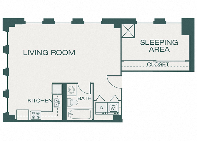 Floor plan for 1 bed, 1 bath, 750 sqft