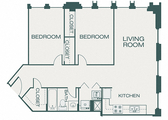 Floor plan for 2 beds, 1 bath, 882 sqft