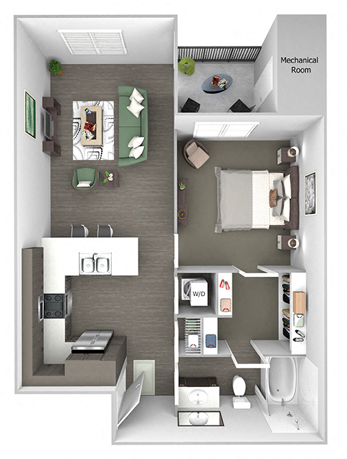 Floor plan for 1 bed, 1 bath, 678 sqft
