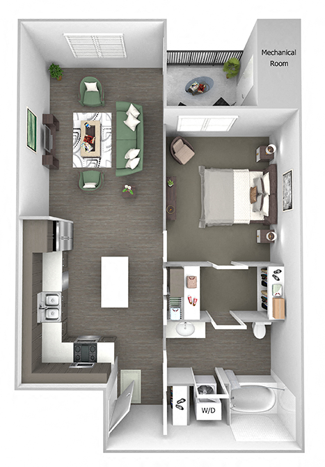 Floor plan for 1 bed, 1 bath, 743 sqft