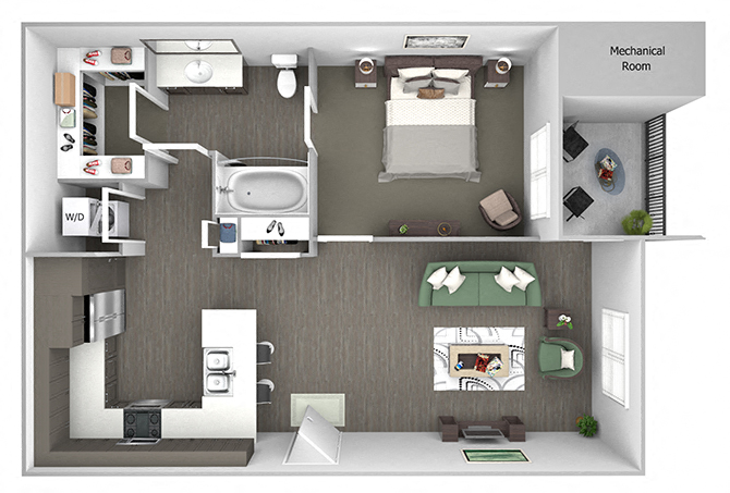 Floor plan for 1 bed, 1 bath, 743 sqft