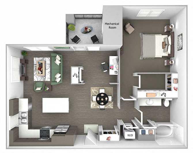 Floor plan for 1 bed, 1 bath, 949 sqft