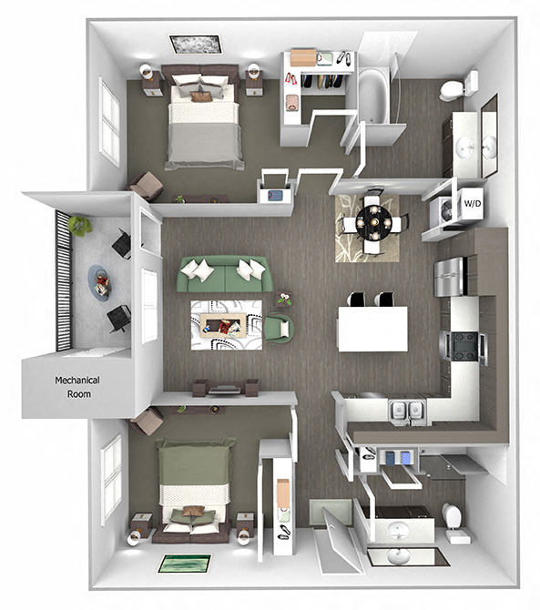 Floor plan for 2 beds, 2 baths, 1047 sqft