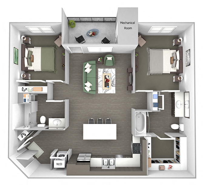 Floor plan for 2 beds, 2 baths, 1076 sqft