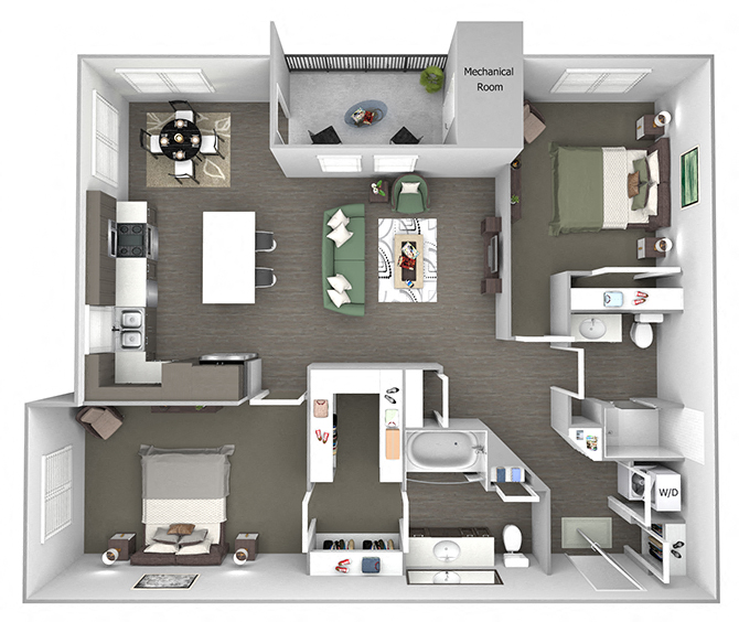 Floor plan for 2 beds, 2 baths, 1196 sqft