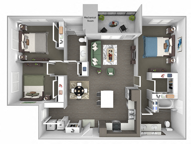 Floor plan for 3 beds, 2 baths, 1343 sqft