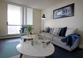 Hamilton apartment for rent - A living room with a grey couch, a white coffee table, and a painting on the wall.