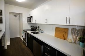 Hamilton apartment for rent - A kitchen with black appliances and white countertops.