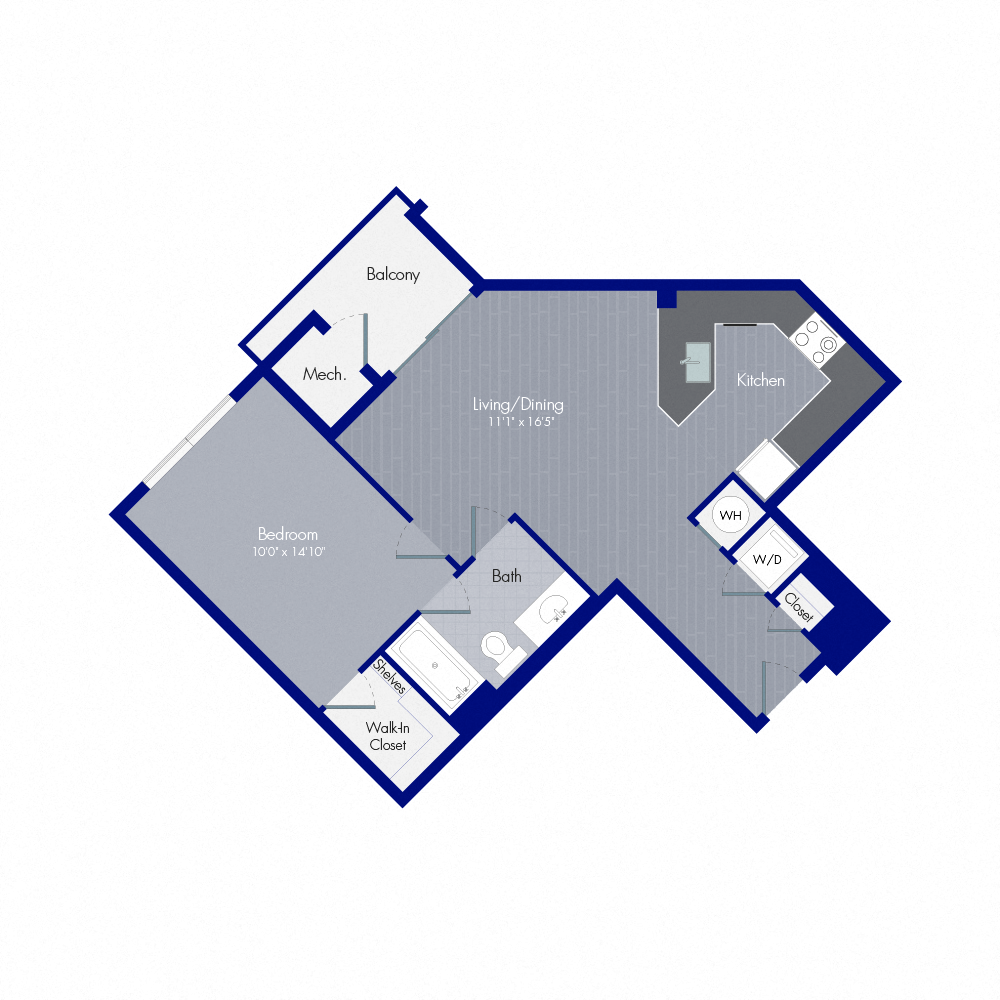 Floor plan for 1 bed, 1 bath, 729 sqft