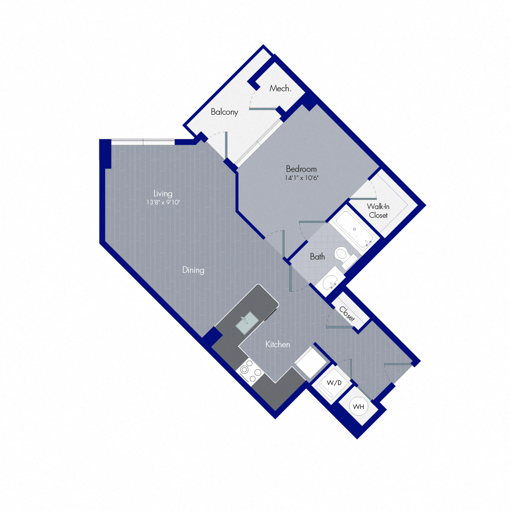 Floor plan for 1 bed, 1 bath, 740 sqft