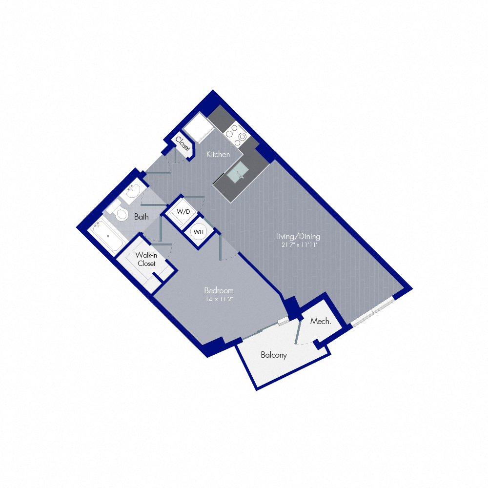 Floor plan for 1 bed, 1 bath, 710 sqft