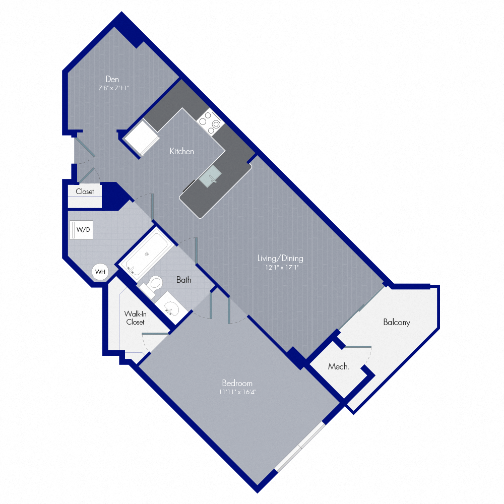Floor plan for 1 bed, 1 bath, 836 sqft