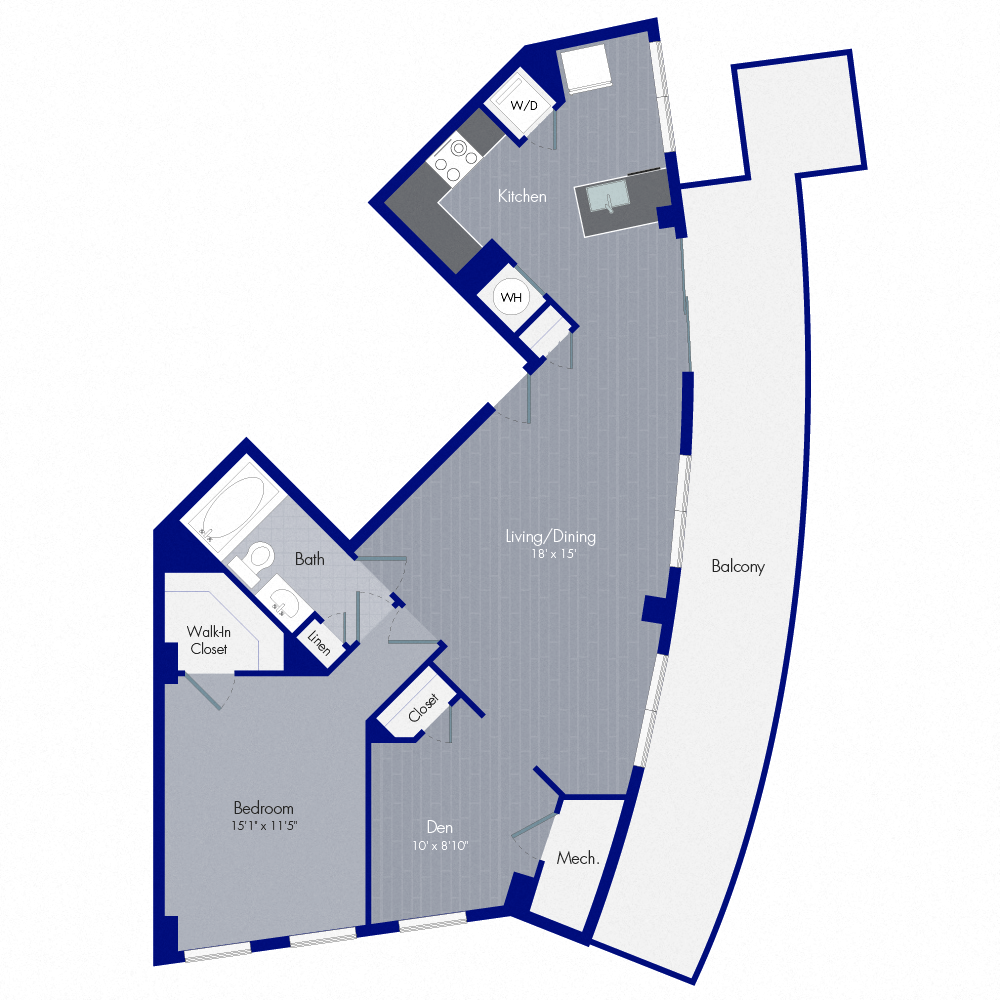 Floor plan for 1 bed, 1 bath, 963 sqft