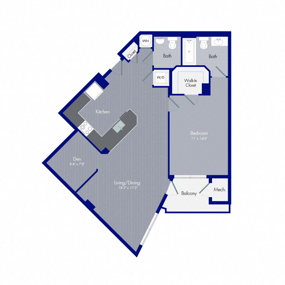 Floor plan for 1 bed, 1 bath, 942 sqft