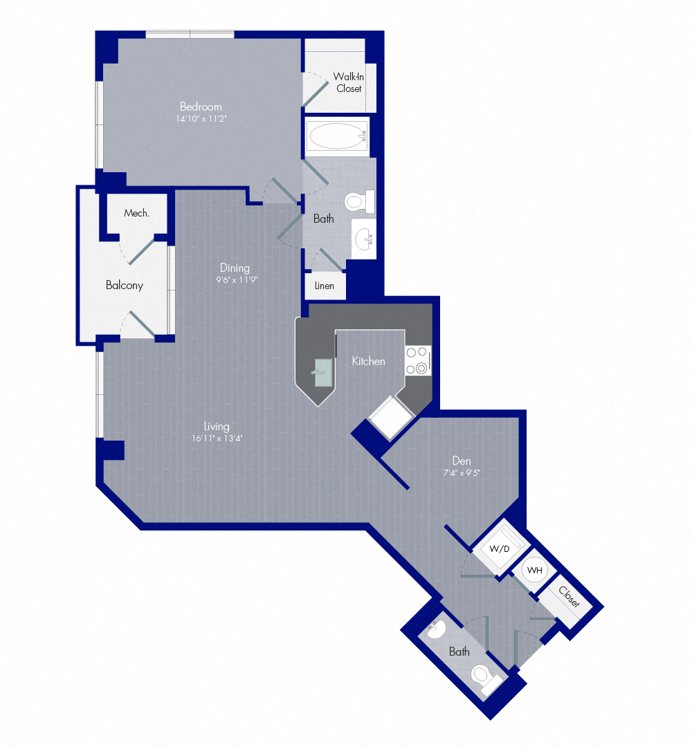 Floor plan for 1 bed, 1 bath, 1022 sqft