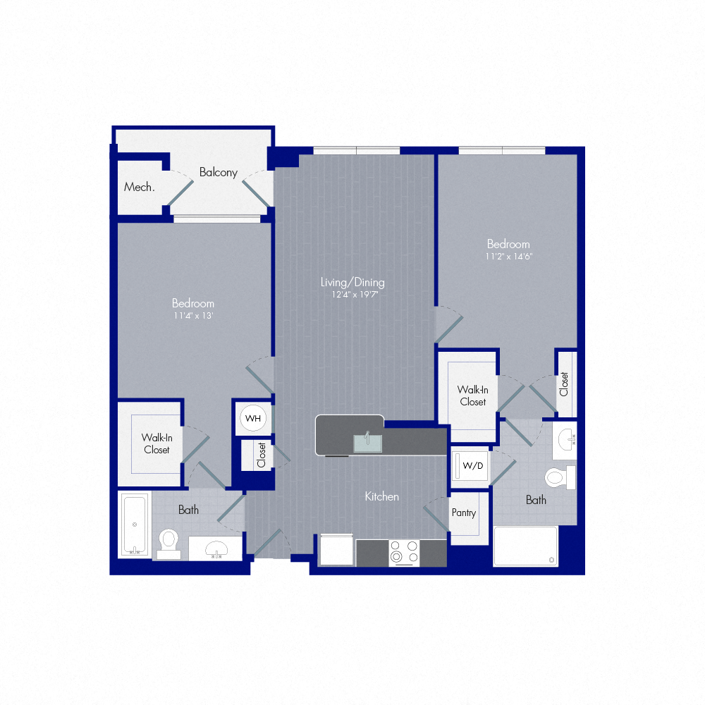 Floor plan for 2 beds, 2 baths, 1104 sqft