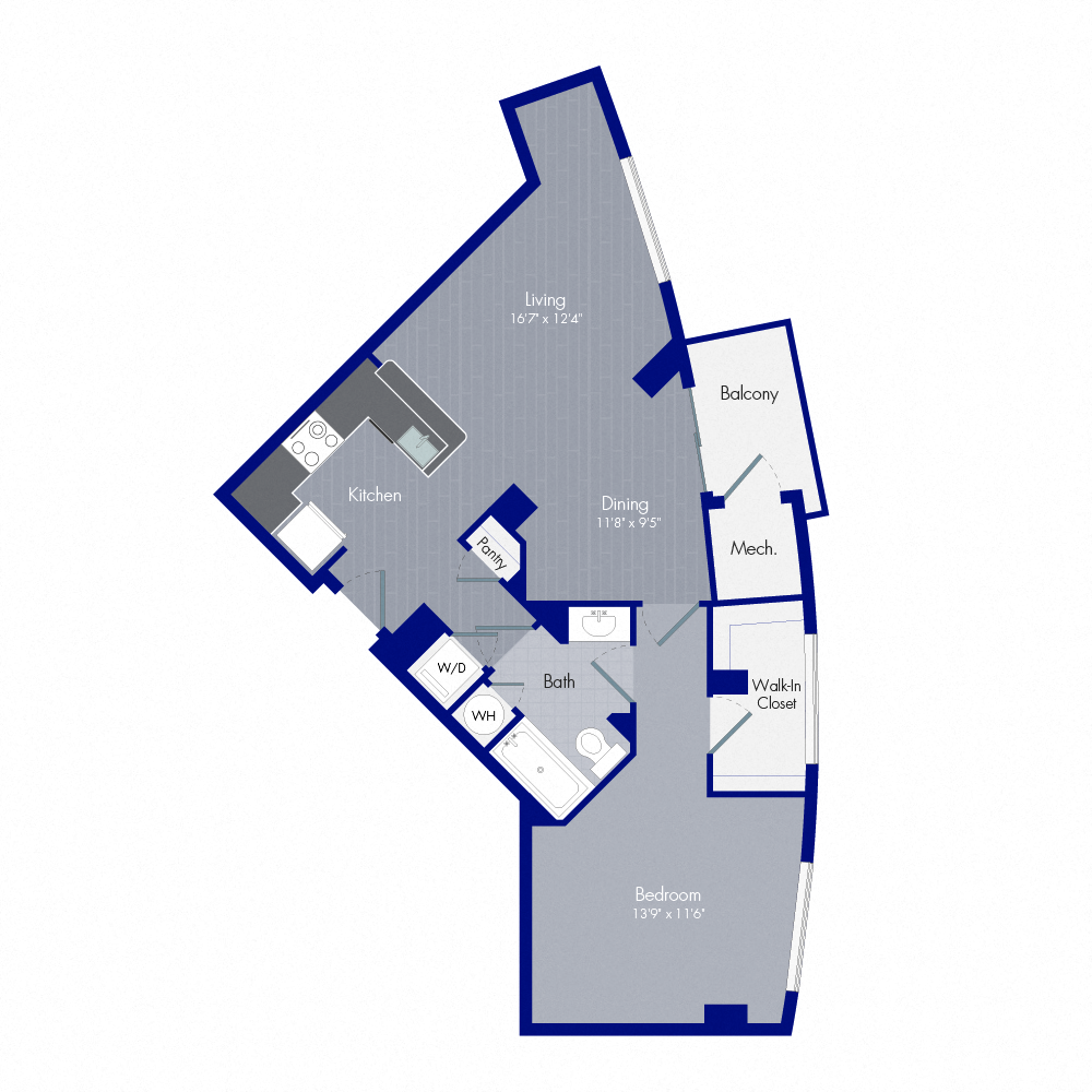 Floor plan for 1 bed, 1 bath, 803 sqft