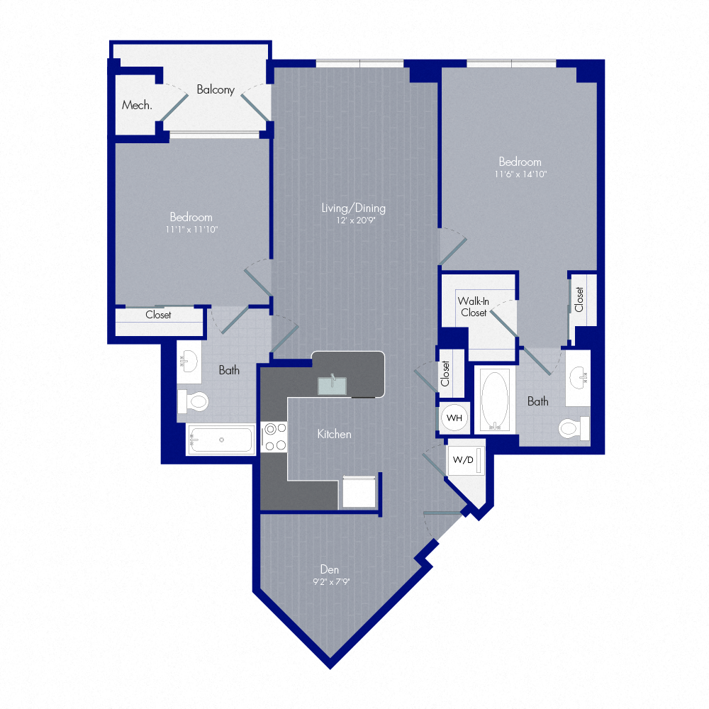 Floor plan for 2 beds, 2 baths, 1127 sqft